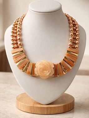 Vintage Peach Rose Statement Necklace with Gold Toned Accents